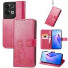 For OPPO Reno8 Pro Overseas Edition Four-leaf Clasp Embossed Buckle Leather Phone Case(Magenta) - 1