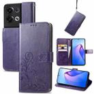 For OPPO Reno8 Pro Overseas Edition Four-leaf Clasp Embossed Buckle Leather Phone Case(Purple) - 1