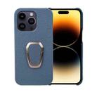 For iPhone 14 Pro Ring Holder Litchi Texture Genuine Leather Phone Case(Blue) - 1