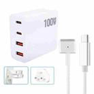 GaN 100W Dual USB-C/Type-C + Dual USB Multi Port Charger with  1.8m Type-C to MagSafe 2 / T Header Data Cable, Plug Size:US / UK Plug - 1