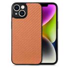 For iPhone 14 Carbon Fiber Texture Leather Back Cover Phone Case(Brown) - 1