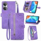 For Honor X7 Embossed Flower Zipper Leather Phone Case(Purple) - 1