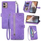 For Motorola Moto G32 Embossed Flower Zipper Leather Phone Case(Purple) - 1