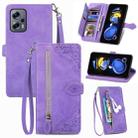 For Redmi Note 11T Embossed Flower Zipper Leather Phone Case(Purple) - 1