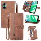 For Realme C33 Embossed Flower Zipper Leather Phone Case(Brown) - 1