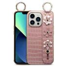 For iPhone 12 / 12 Pro Wristband Ring Sakura Electroplated Crocodile Leather Phone Case(Pink) - 1