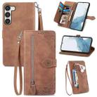 For Samsung Galaxy S23 5G Embossed Flower Zipper Leather Phone Case(Brown) - 1