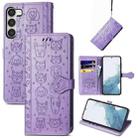 For Samsung Galaxy S23 5G Cute Cat and Dog Embossed Leather Phone Case(Purple) - 1