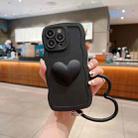 For iPhone 14 Plus 3D Heart Skin-Feel Silicone Phone Case with Wristband(Black) - 1