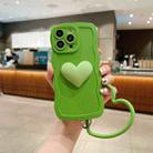 For iPhone 14 3D Heart Skin-Feel Silicone Phone Case with Wristband(Green) - 1