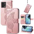 For Motorola Moto G72 Butterfly Love Flower Embossed Horizontal Flip Leather Case with Bracket / Card Slot / Wallet / Lanyard(Rose Gold) - 1