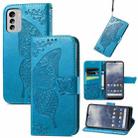 For Nokia G60 Butterfly Love Flower Embossed Horizontal Flip Leather Case with Bracket / Card Slot / Wallet / Lanyard(Blue) - 1