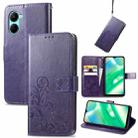 For Realme C33 Four-leaf Clasp Embossed Buckle Leather Phone Case(Purple) - 1