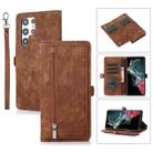 For Samsung Galaxy S22 Ultra 5G Zipper Card Slot Buckle Wallet Leather Phone Case(Brown) - 1