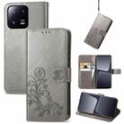 For Xiaomi 13 Pro Four-leaf Clasp Embossed Buckle Leather Phone Case(gray) - 1