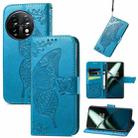 For OnePlus 11 Butterfly Love Flower Embossed Flip Leather Phone Case(Blue) - 1