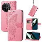 For OnePlus 11 Butterfly Love Flower Embossed Flip Leather Phone Case(Pink) - 1