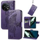 For OnePlus 11 Butterfly Love Flower Embossed Flip Leather Phone Case(Dark Purple) - 1