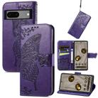 For Google Pixel 7A Butterfly Love Flower Embossed Leather Phone Case(Purple) - 1