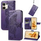 For OPPO Reno9 Butterfly Love Flower Embossed Leather Phone Case(Purple) - 1