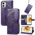 For Motorola Moto G73 Butterfly Love Flower Embossed Flip Leather Phone Case(Dark Purple) - 1