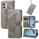 For Motorola Moto E13 Butterfly Love Flower Embossed Flip Leather Phone Case(Gray) - 1