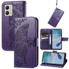 For Motorola Moto E13 Butterfly Love Flower Embossed Flip Leather Phone Case(Dark Purple) - 1