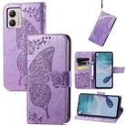 For Motorola Moto E13 Butterfly Love Flower Embossed Flip Leather Phone Case(Light Purple) - 1