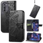 For Motorola Edge 2022 Butterfly Love Flower Embossed Flip Leather Phone Case(Black) - 1