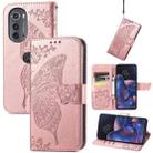 For Motorola Edge 2022 Butterfly Love Flower Embossed Flip Leather Phone Case(Rose Gold) - 1