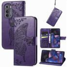 For Motorola Edge 2022 Butterfly Love Flower Embossed Flip Leather Phone Case(Dark Purple) - 1