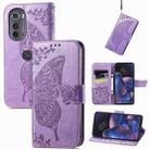 For Motorola Edge 2022 Butterfly Love Flower Embossed Flip Leather Phone Case(Light Purple) - 1