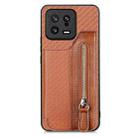 For Xiaomi 13 Carbon Fiber Flip Zipper Wallet Phone Case(Brown) - 1