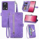 For Xiaomi 13 Lite Embossed Flower Zipper Leather Phone Case(Purple) - 1