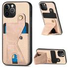 For iPhone 12 Pro Carbon Fiber Wallet Flip Card K-shaped Holder Phone Case(Khaki) - 1
