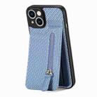 For iPhone 14 Carbon Fiber Vertical Flip Zipper Phone Case(Blue) - 1