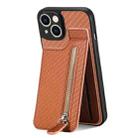 For iPhone 14 Carbon Fiber Vertical Flip Zipper Phone Case(Brown) - 1