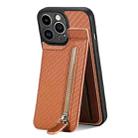 For iPhone 13 Pro Max Carbon Fiber Vertical Flip Zipper Phone Case(Brown) - 1