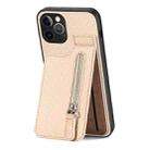 For iPhone 12 Pro Max Carbon Fiber Vertical Flip Zipper Phone Case(Khaki) - 1