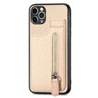 For iPhone 11 Pro Max Carbon Fiber Vertical Flip Zipper Phone Case(Khaki) - 1