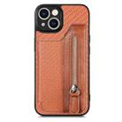 For iPhone 14 Plus Carbon Fiber Horizontal Flip Zipper Wallet Phone Case(Brown) - 1
