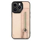 For iPhone 13 Pro Max Carbon Fiber Horizontal Flip Zipper Wallet Phone Case(Khaki) - 1