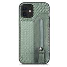 For iPhone 12 Carbon Fiber Horizontal Flip Zipper Wallet Phone Case(Green) - 1