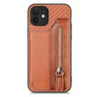 For iPhone 12 Carbon Fiber Horizontal Flip Zipper Wallet Phone Case(Brown) - 1