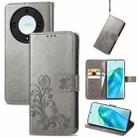 For Honor X9a Four-leaf Clasp Embossed Buckle Leather Phone Case(Gray) - 1