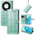 For Honor Magic5 Lite Cute Cat and Dog Embossed Leather Phone Case(Green) - 1