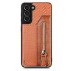 For Samsung Galaxy S21 5G Carbon Fiber Horizontal Flip Zipper Wallet Phone Case(Brown) - 1