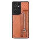 For Samsung Galaxy S21 Ultra 5G Carbon Fiber Horizontal Flip Zipper Wallet Phone Case(Brown) - 1