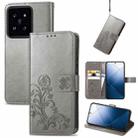 For Xiaomi 14 Four-leaf Clasp Embossed Leather Phone Case(Gray) - 1