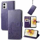 For Motorola Moto G73 Four-leaf Clasp Embossed Buckle Leather Phone Case(Purple) - 1